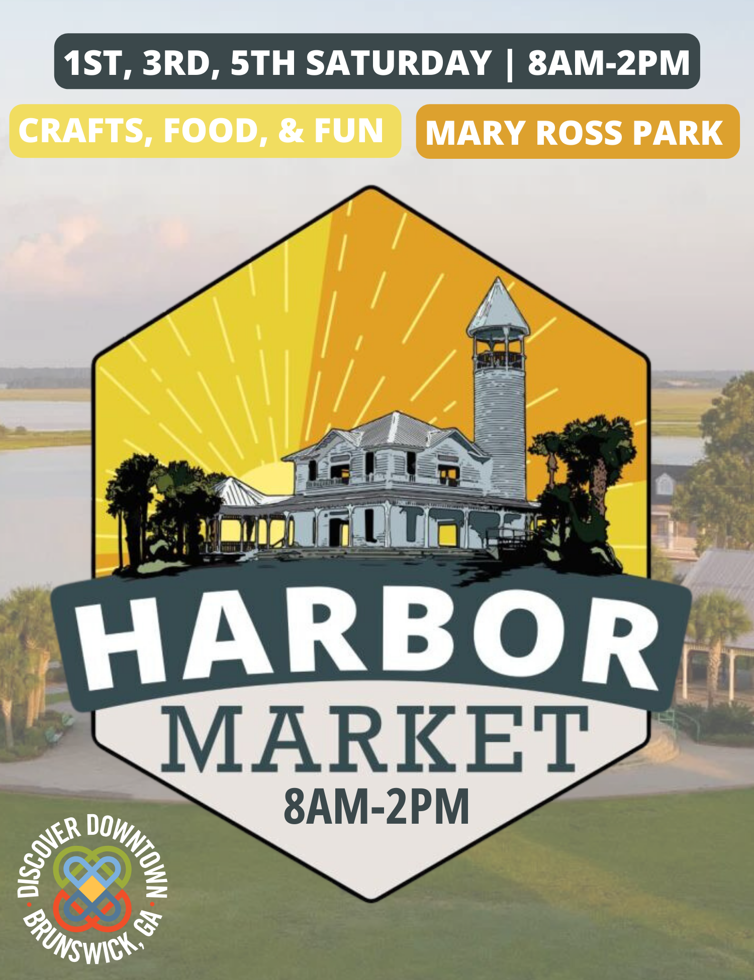 An aerial view of the bustling Brunswick Harbor Market, showcasing the colorful vendor stalls and lively crowd.