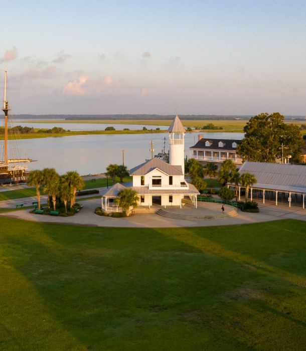 Aerial view of Mary Ross Waterfront Park, displaying its diverse attractions and scenic beauty.