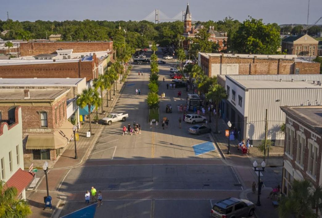 Aerial view of Brunswick, Georgia, showcasing its historic Old Town and inviting charm.